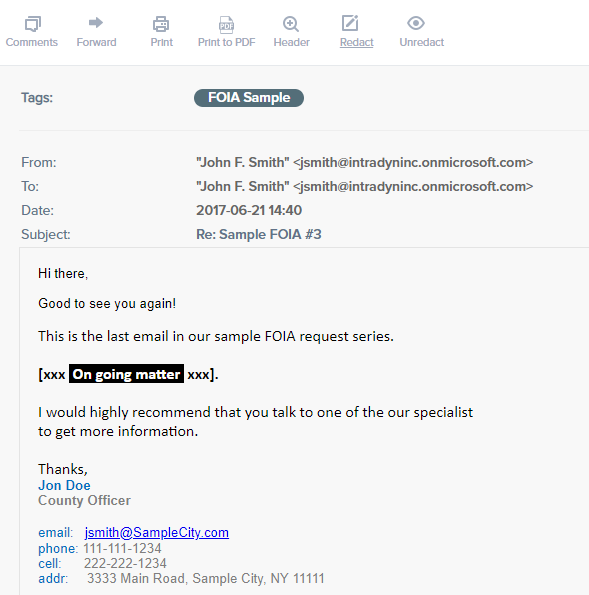 Redacted email with annotation