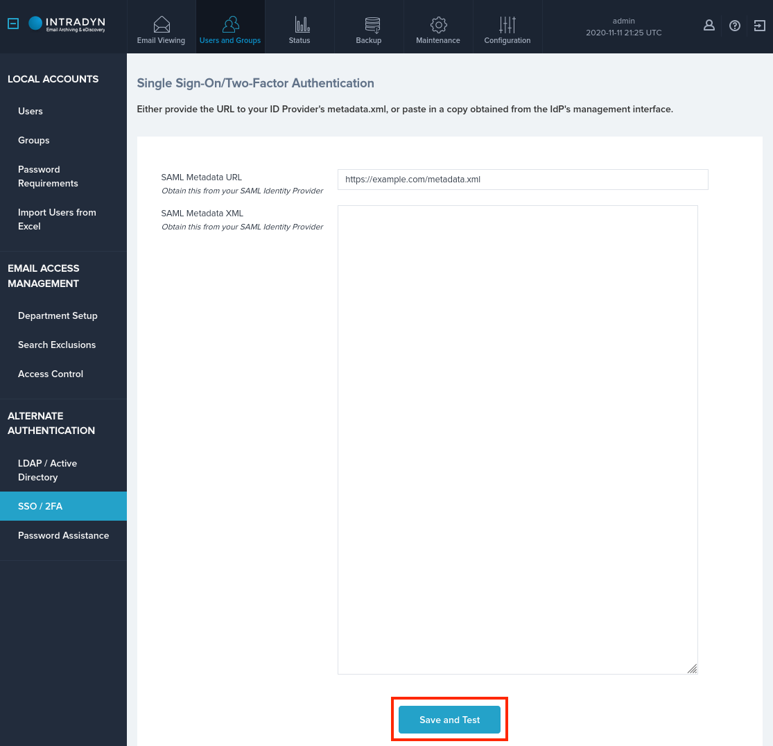 SAML Save Test Screen 