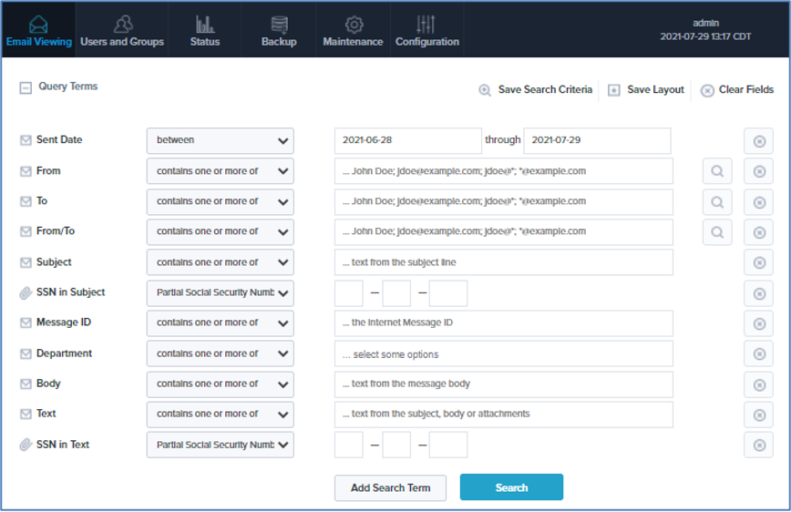 Intradyn’s search functionality user interface. Query terms include “Sent Date,” “From,” “To,” “From/To,” “Subject,” “SSN in Subject,” “Message ID,” “Department,” “Body,” “Text” and “SSN in Text.”