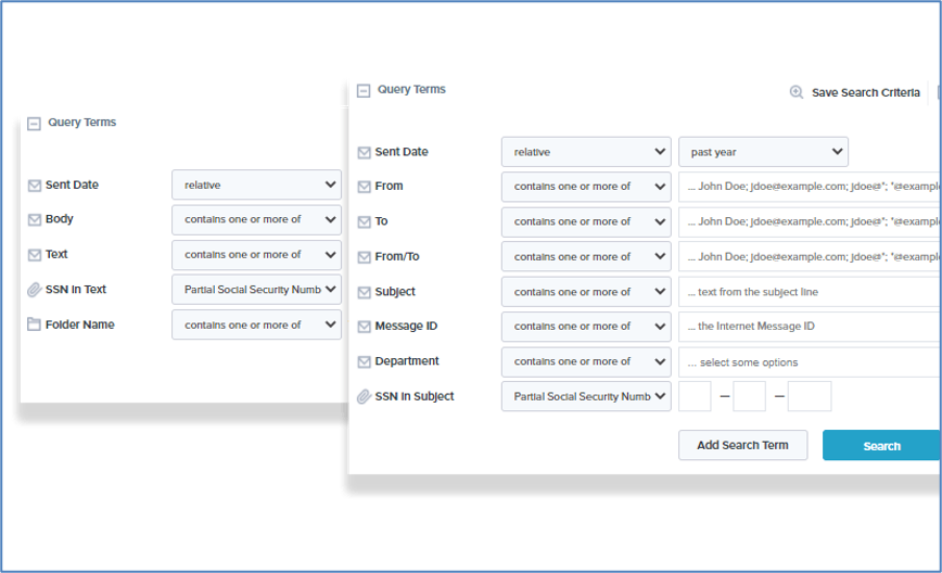 Two pop-up windows showing Intradyn’s email header and body search functionalities. For header search, query terms include “Sent Date,” “From,” “To,” “From/To,” “Subject,” “Message ID,” “Department” and “SSN in Subject.” For body search, query terms include “Sent Date,” “Body,” “Text,” “SSN in Text” and “Folder Name.”