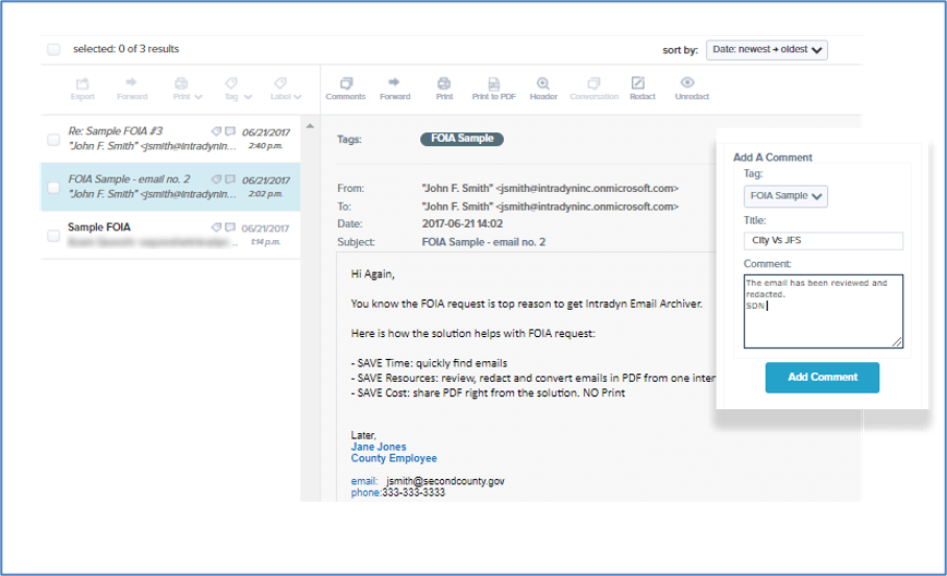 Example of Intradyn’s tagging feature on an FOIA request email. Users have the ability to add a tag, title and comment to emails, text messages and social media posts