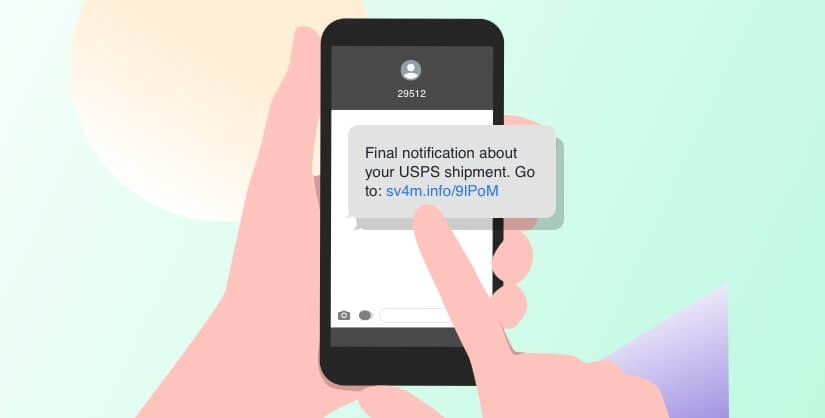 illustration of two hands holding a smart phone. a text bubble hovers over the phone offering a link to check a fake notification about a USPS shipping notification
