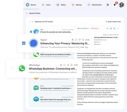 Text message archiving solutions search page.