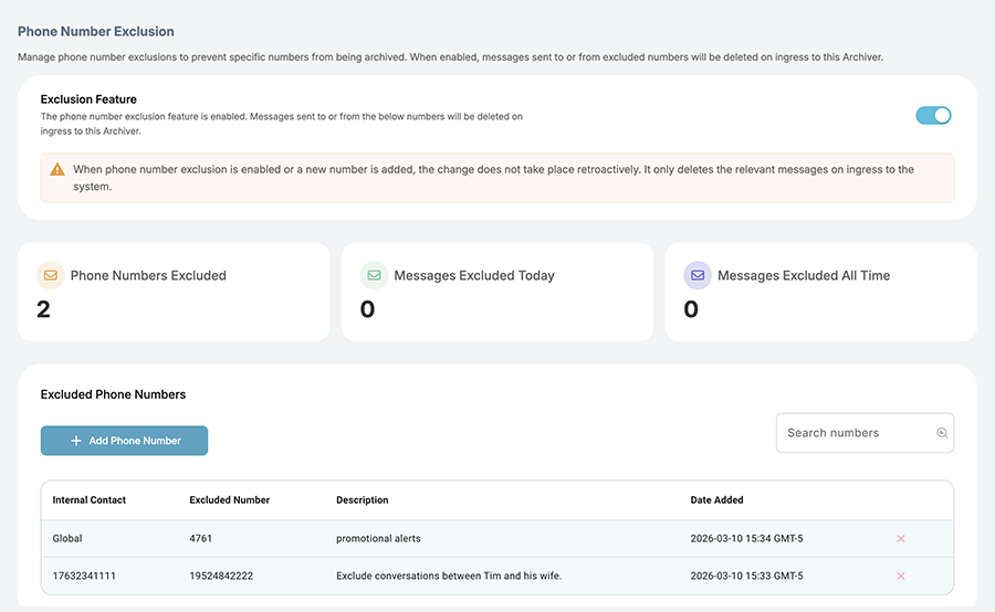 Phone number exclusion dashboard